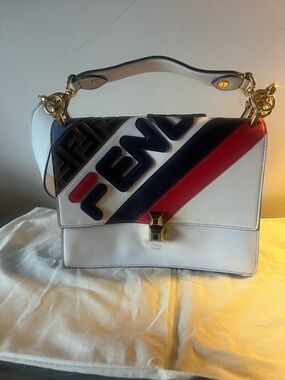 Fendi White Leather Shoulder Bag with Navy & Red Diagonal Stripes